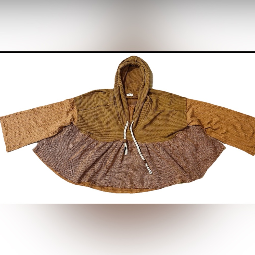 POL Hooded sweater top S Brown Textured Tassels Bohemian Hippie Festival Casual - Picture 3 of 9